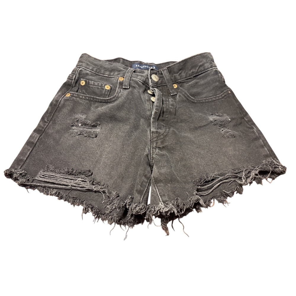 Aeropostale 90s High Rise Cut-Off Denim Shorts Washed Black Button Fly Size 000